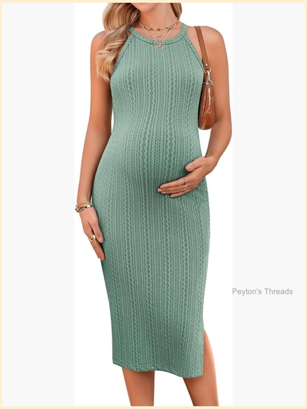 Rib Knit Maternity Bodycon Dress Halter Neck Side Slit Sleeveless Stretchy